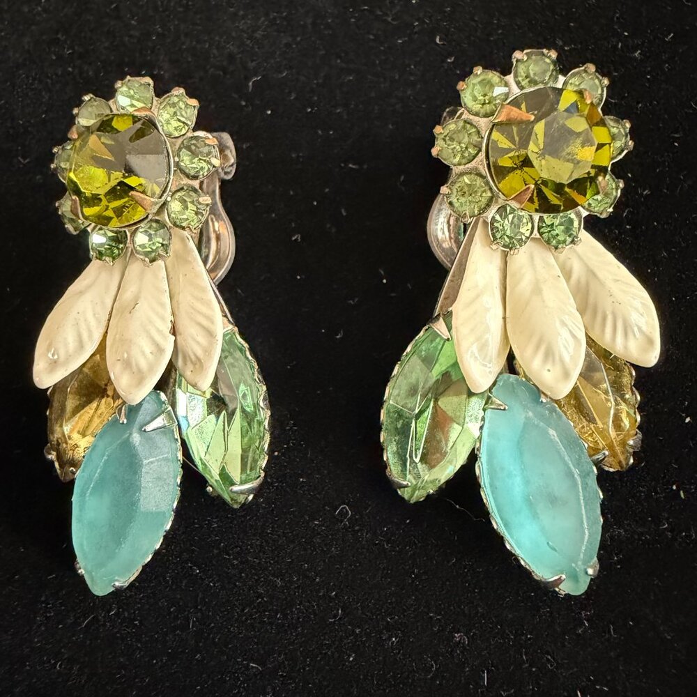 Vintage MCM Enamel Earrings Green Rhinestone Clip On Floral Cascade